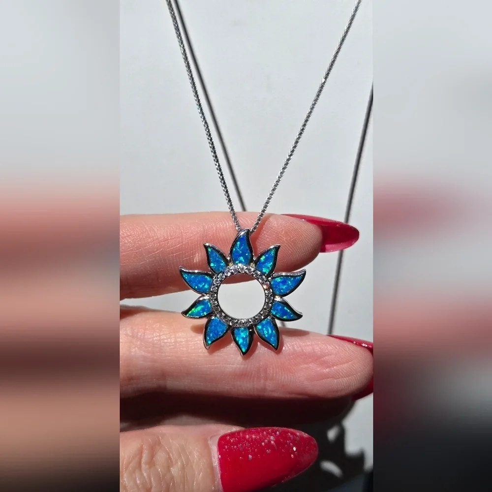 Sterling Silver 925 Necklace Silver 925 Blue Sunflower Opal Pendant Necklace - Picture 10 of 17